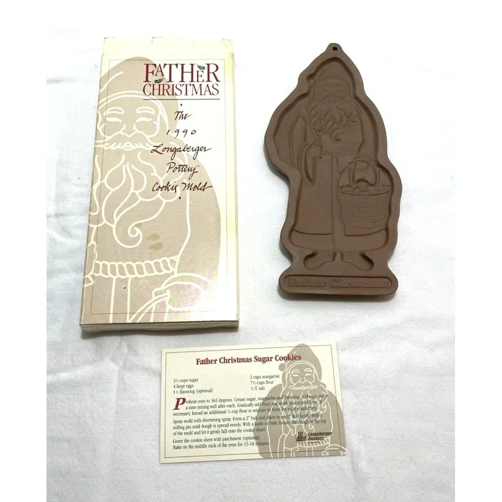Longaberger Pottery Cookie Mold Father Christmas 1990 Original Box Recipe‎